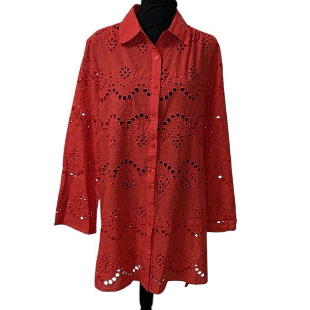 Adiva Eyelet Orange/Red Eyelet Button Down Cotton Tunic Top(Size Medium)